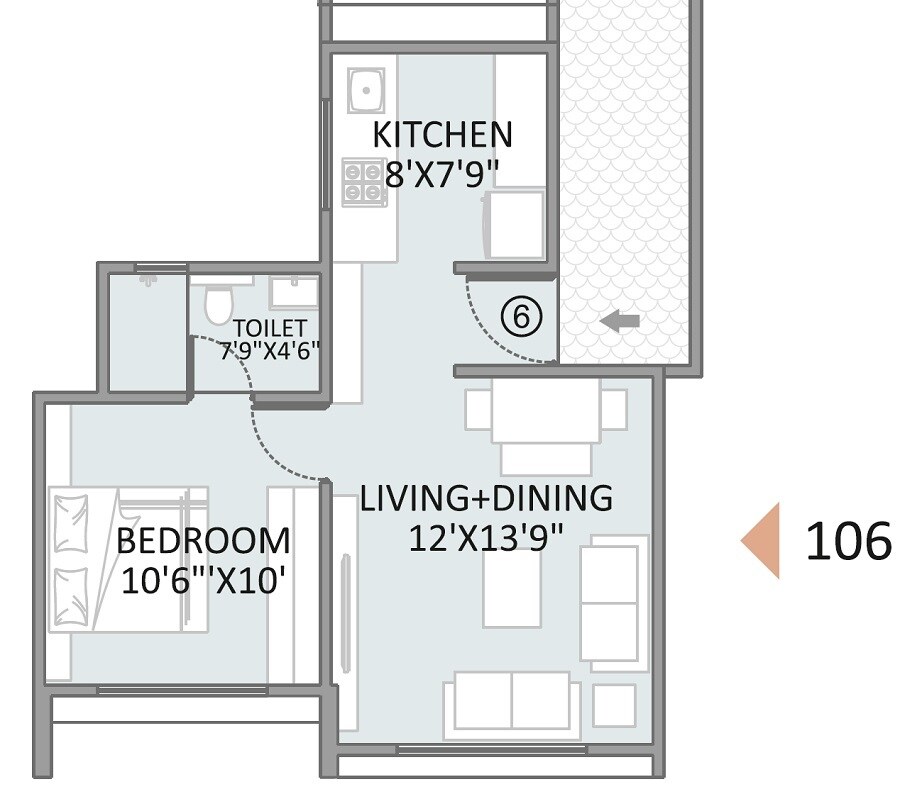 Floor plan of 1 BHK 412 Sq. Ft. Apartment in Arham Anantam, Pune