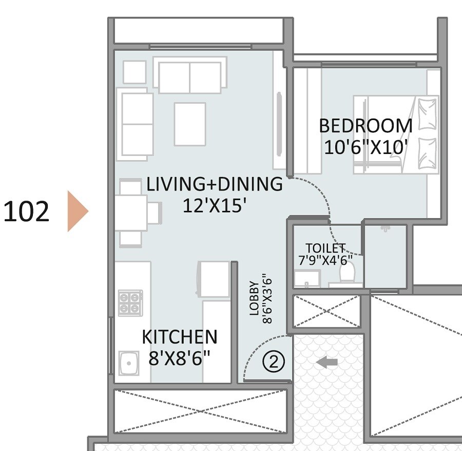 Floor plan of 1 BHK 426 Sq. Ft. Apartment in Arham Anantam, Pune