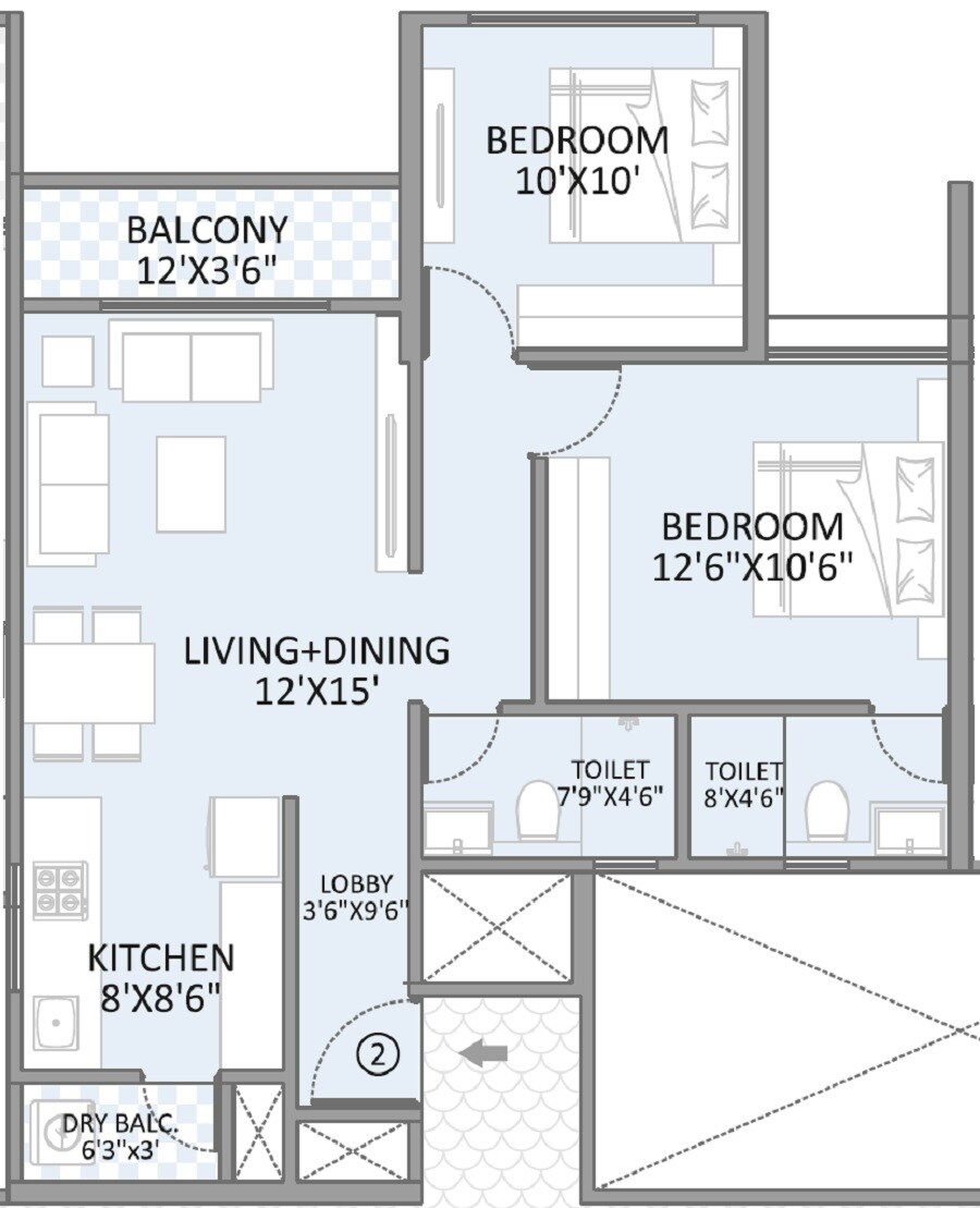 Floor plan of 2 BHK 718 Sq. Ft. Apartment in Arham Anantam, Pune