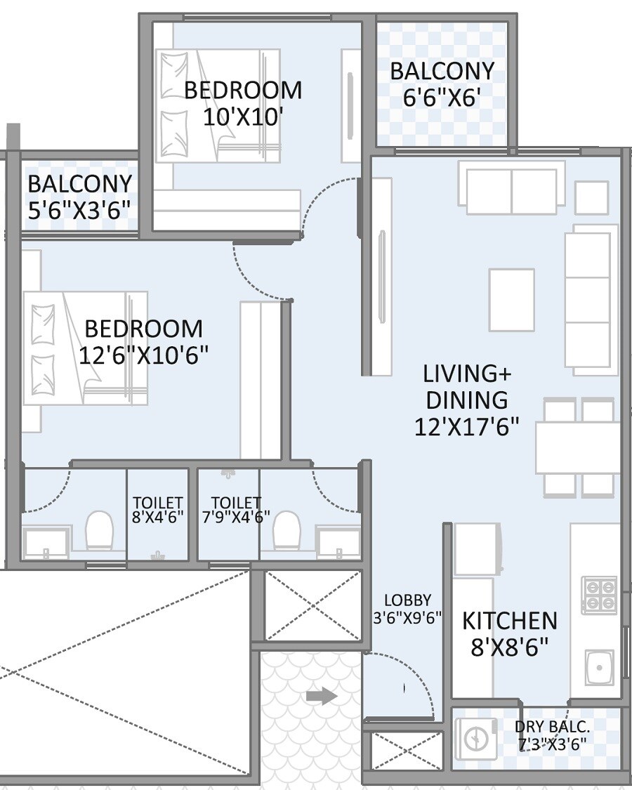 Floor plan of 2 BHK 780 Sq. Ft. Apartment in Arham Anantam, Pune