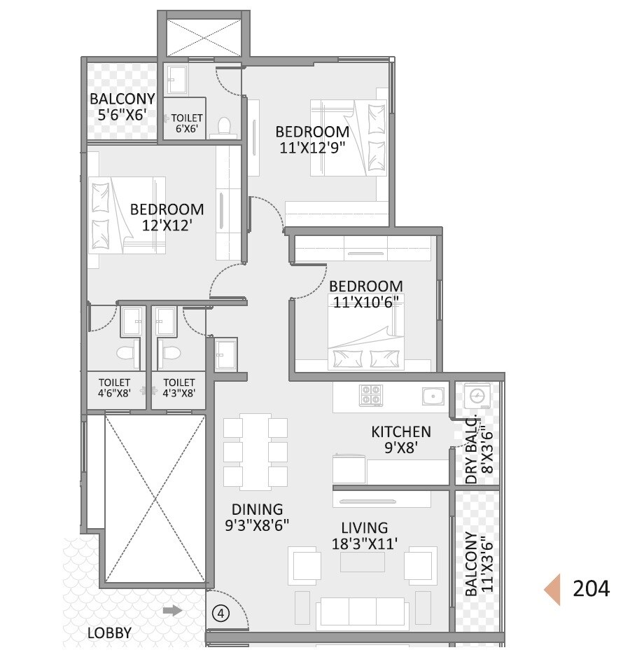 Floor plan of 3 BHK 1070 Sq. Ft. Apartment in Arham Anantam, Pune
