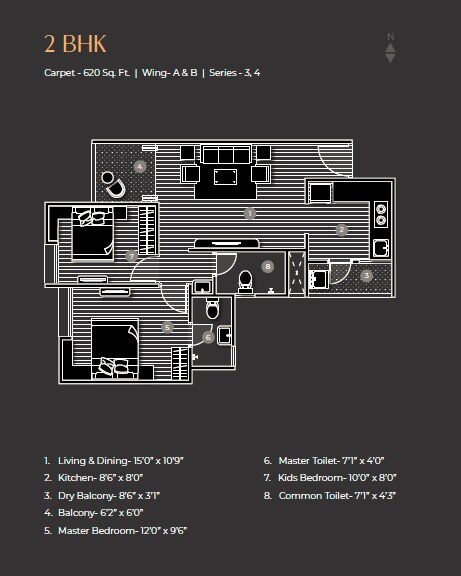Floor plan of 2 BHK 620 Sq. Ft. Apartment in Arham Fusion Park, Pune