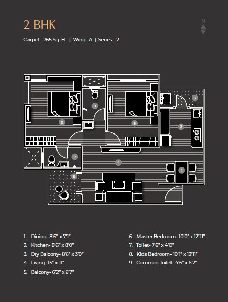 Floor plan of 2 BHK 765 Sq. Ft. Apartment in Arham Fusion Park, Pune