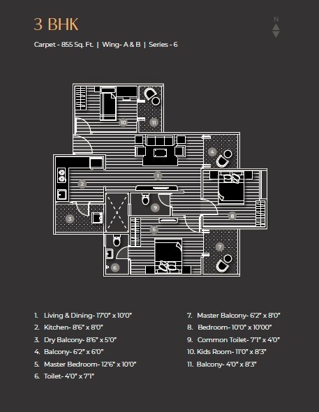 Floor plan of 3 BHK 855 Sq. Ft. Apartment in Arham Fusion Park, Pune