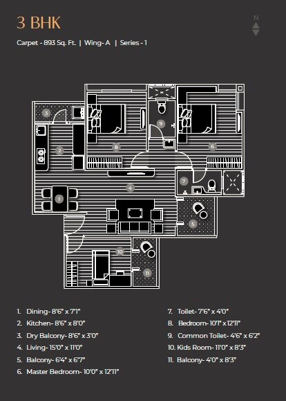 Floor plan of 3 BHK 893 Sq. Ft. Apartment in Arham Fusion Park, Pune