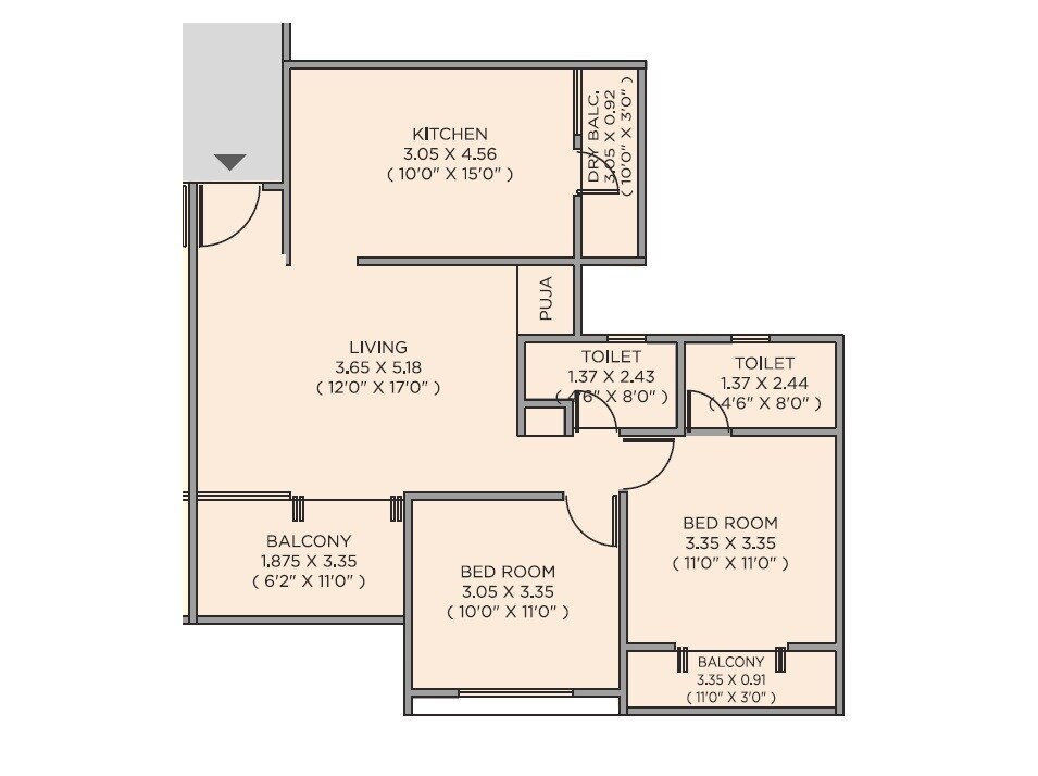 Floor plan of 2 BHK 752 Sq. Ft. Apartment in Arham Guruvista, Pune