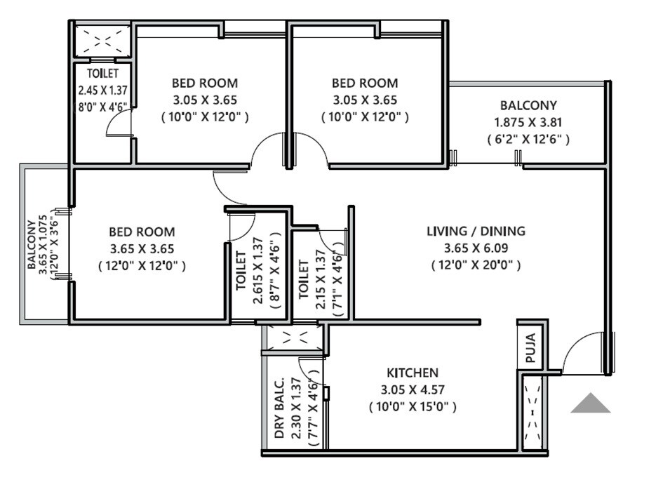 Floor plan of 3 BHK 1168 Sq. Ft. Apartment in Arham Guruvista, Pune