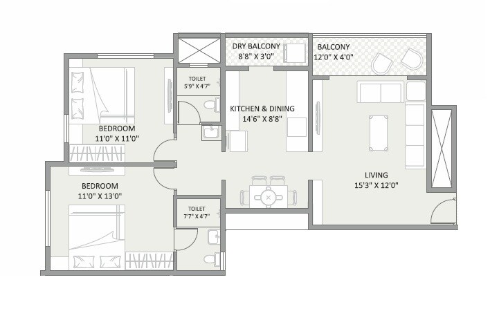 Floor plan of 2 BHK 669 Sq. Ft. Apartment in Arham Haiku CHS, Pune