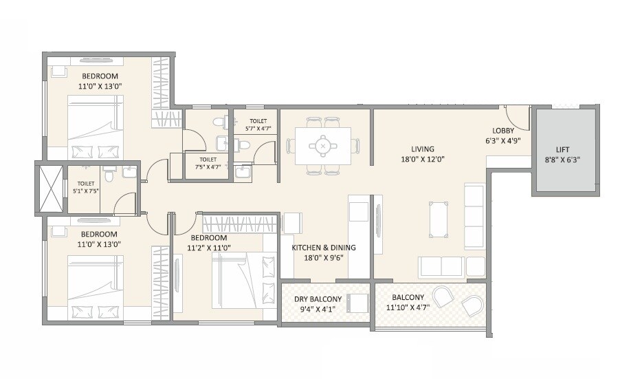 Floor plan of 3 BHK 1136 Sq. Ft. Apartment in Arham Haiku CHS, Pune