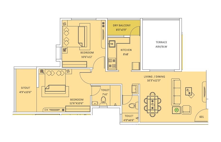 Floor plan of 2 BHK 654 Sq. Ft. Apartment in Arham Noble Niwas, Pune
