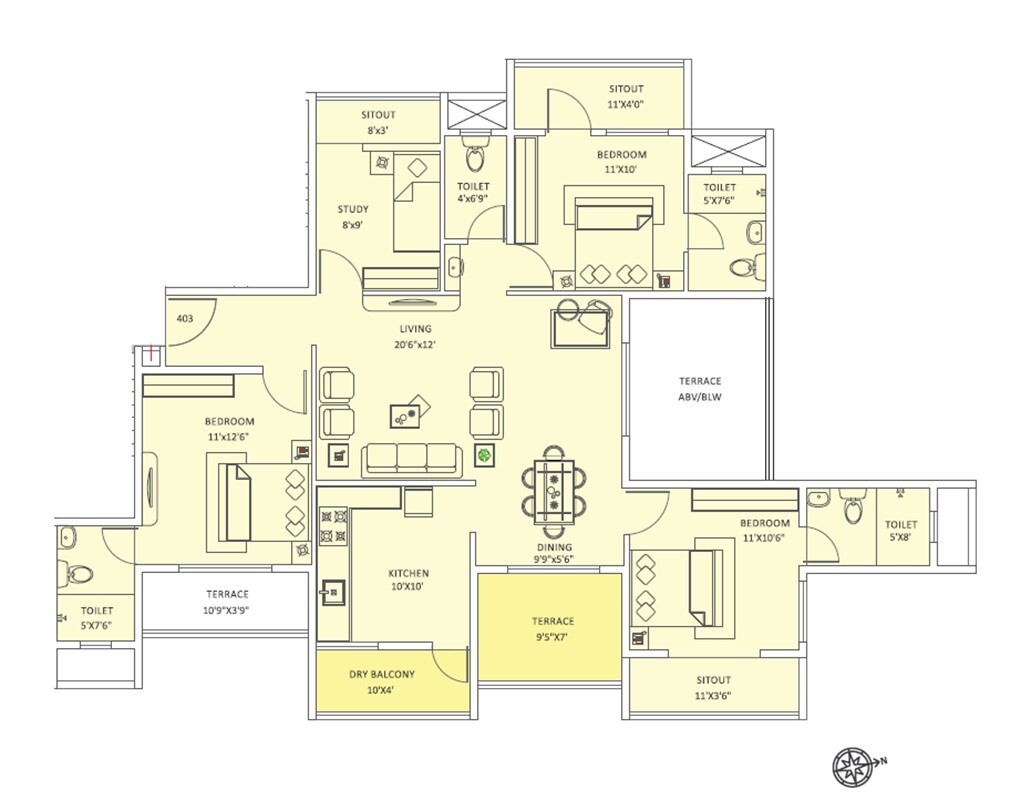 Floor plan of 3 BHK 1077 Sq. Ft. Apartment in Arham Noble Niwas, Pune
