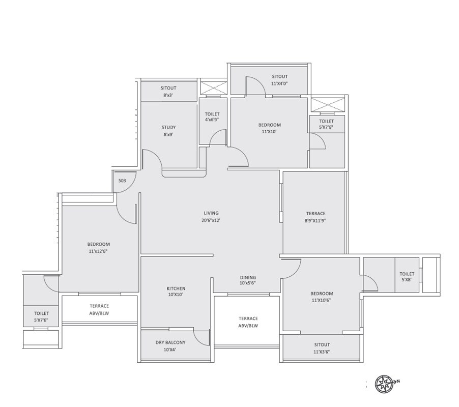 Floor plan of 3 BHK 870 Sq. Ft. Apartment in Arham Noble Niwas, Pune