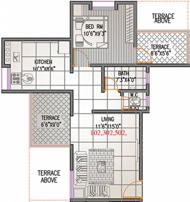 Floor plan of 1 BHK 606 Sq. Ft. Apartment in Arihant Prathamesh, Pune