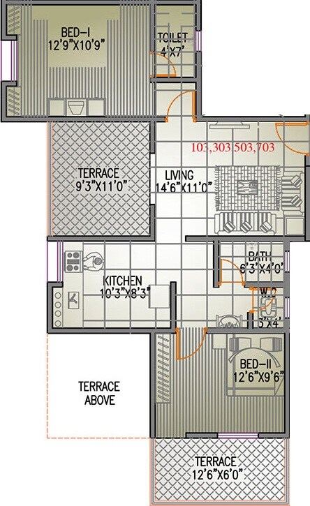 Floor plan of 2 BHK 845 Sq. Ft. Apartment in Arihant Prathamesh, Pune