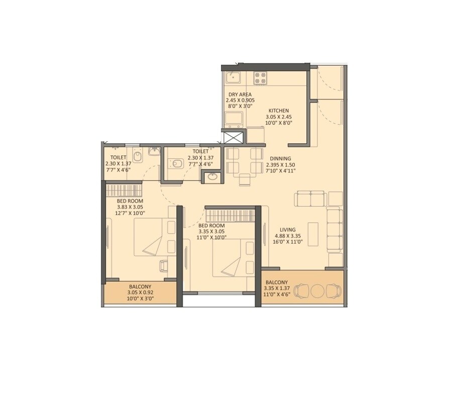 Floor plan of 2 BHK 815 Sq. Ft. Apartment in Arihant Skysuites, Pune