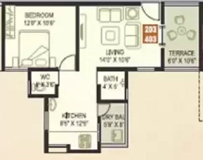Floor plan of 1 BHK 434 Sq. Ft. Apartment in Arihanta Aastha, Pune