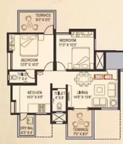 Floor plan of 2 BHK 543 Sq. Ft. Apartment in Arihanta Aastha, Pune