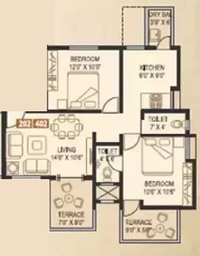 Floor plan of 2 BHK 599 Sq. Ft. Apartment in Arihanta Aastha, Pune