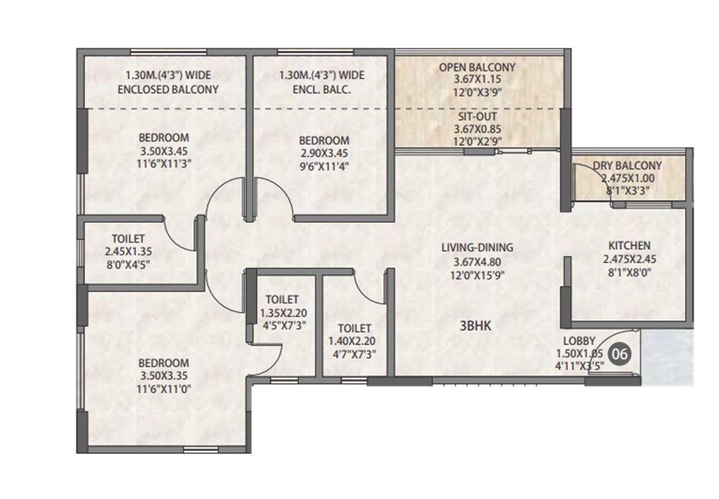 Floor plan of 3 BHK 956 Sq. Ft. Apartment in ARK Alfa Lifescapes Phase 2, Pune