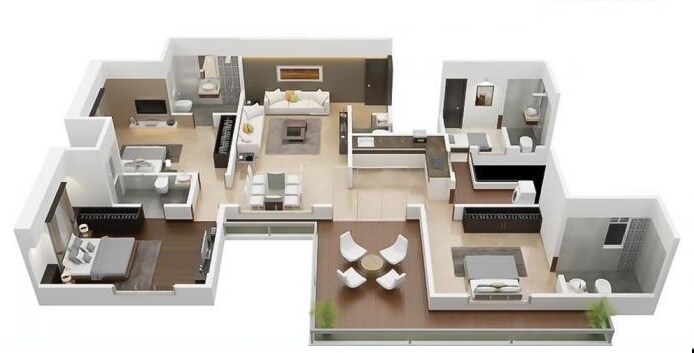 Floor plan of 3 BHK 1060 Sq. Ft. Apartment in ARK Alfa Premio, Pune