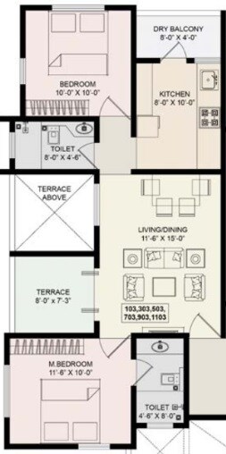 Floor plan of 2 BHK 1090 Sq. Ft. Apartment in ARK Prem Alfa Lifescape, Pune