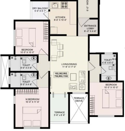 Floor plan of 3 BHK 1135 Sq. Ft. Apartment in ARK Prem Alfa Lifescape, Pune
