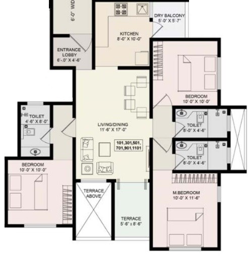 Floor plan of 3 BHK 1330 Sq. Ft. Apartment in ARK Prem Alfa Lifescape, Pune
