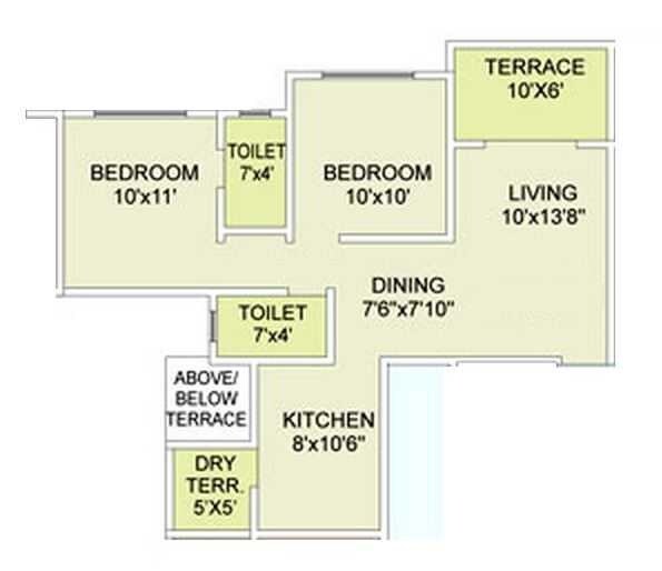Floor plan of 2 BHK 888 Sq. Ft. Apartment in Aroha 11 K County Phase II, Pune