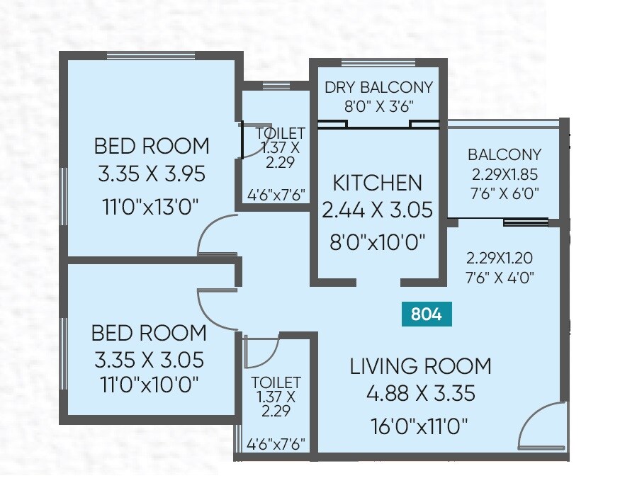 Floor plan of 2 BHK 757 Sq. Ft. Apartment in ARP River Crest, Pune