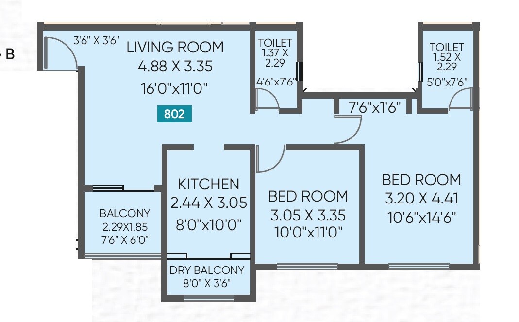 Floor plan of 2 BHK 788 Sq. Ft. Apartment in ARP River Crest, Pune