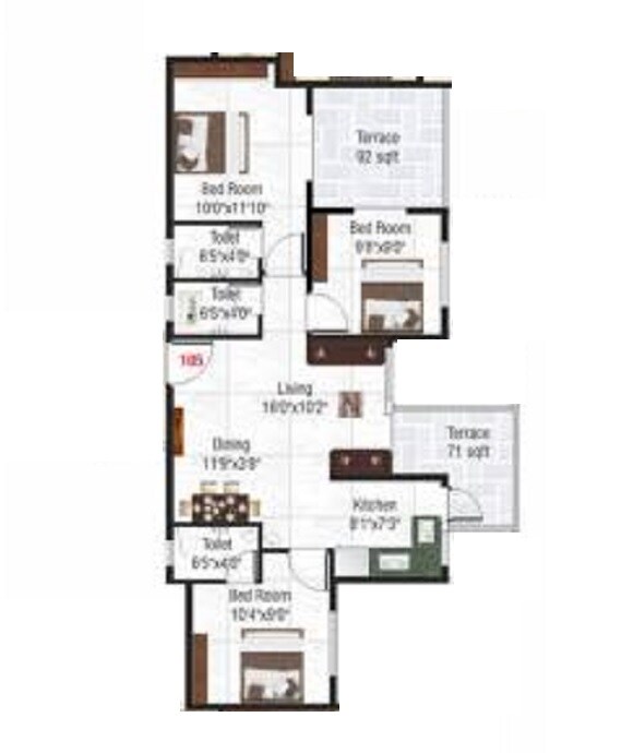 3 BHK 685 Sq. Ft. Apartment
