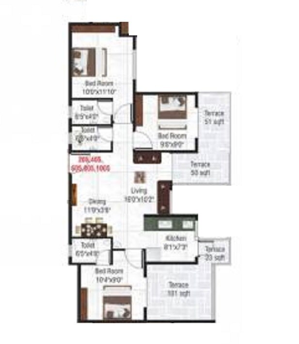 3 BHK 732 Sq. Ft. Apartment