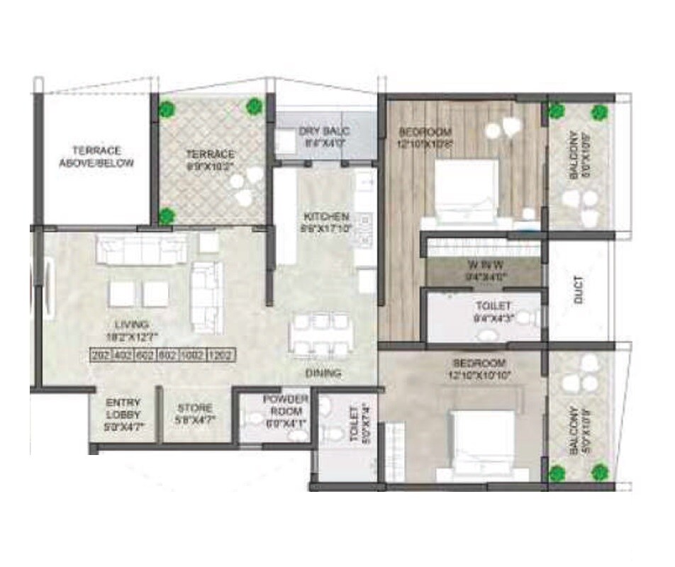Floor plan of 2 BHK 1113 Sq. Ft. Apartment in Arun Anika Essentia, Pune