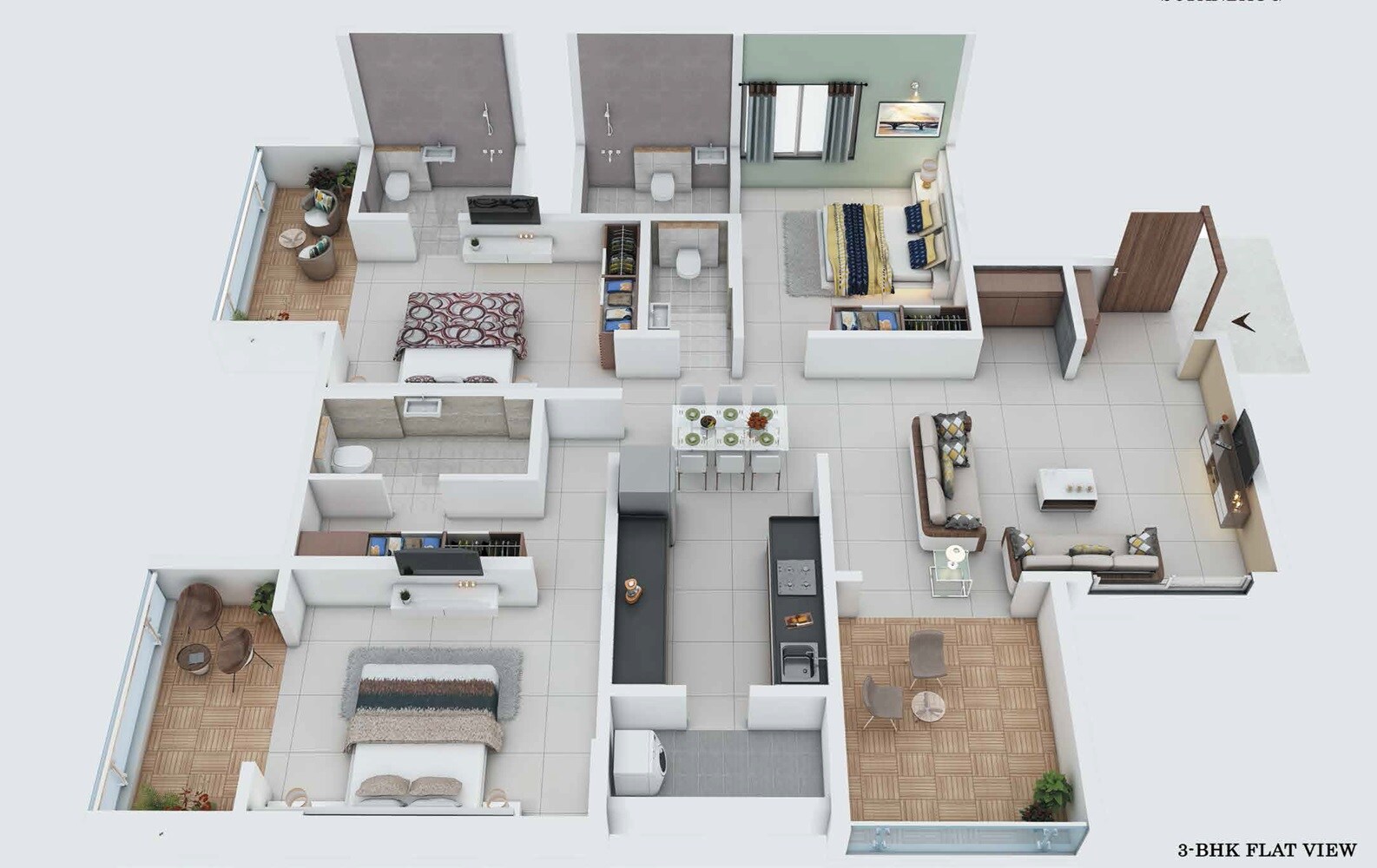 Floor plan of 3 BHK 1344 Sq. Ft. Apartment in Arun Anika Essentia, Pune