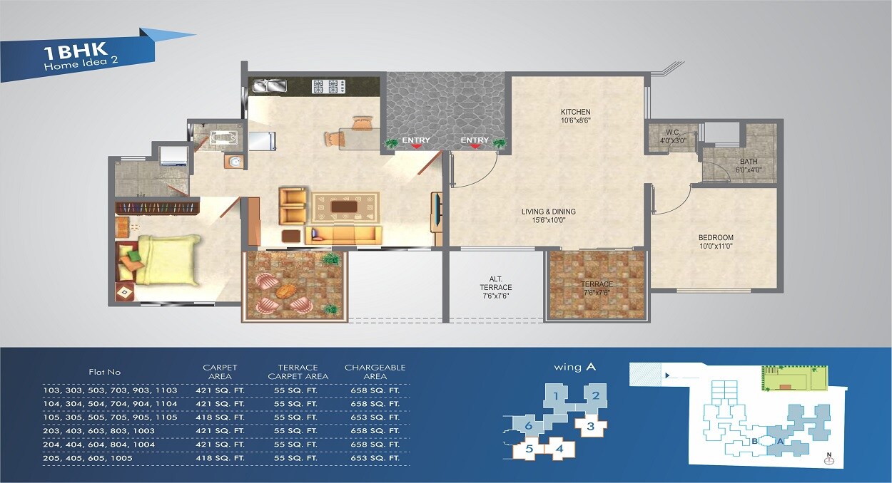 Floor plan of 1 BHK 421 Sq. Ft. Apartment in Arun Blu, Pune