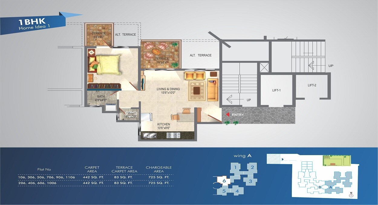 Floor plan of 1 BHK 442 Sq. Ft. Apartment in Arun Blu, Pune