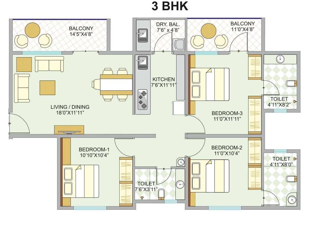 Floor plan of 3 BHK 1015 Sq. Ft. Apartment in Arun Blue Bird CSL, Pune