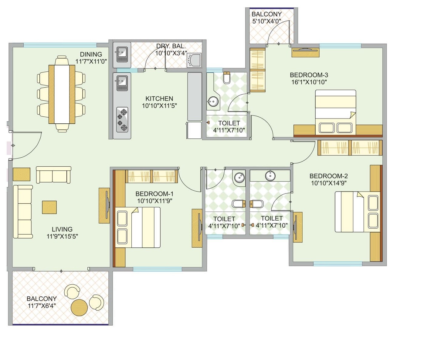 Floor plan of 3 BHK 1230 Sq. Ft. Apartment in Arun Blue Bird CSL, Pune