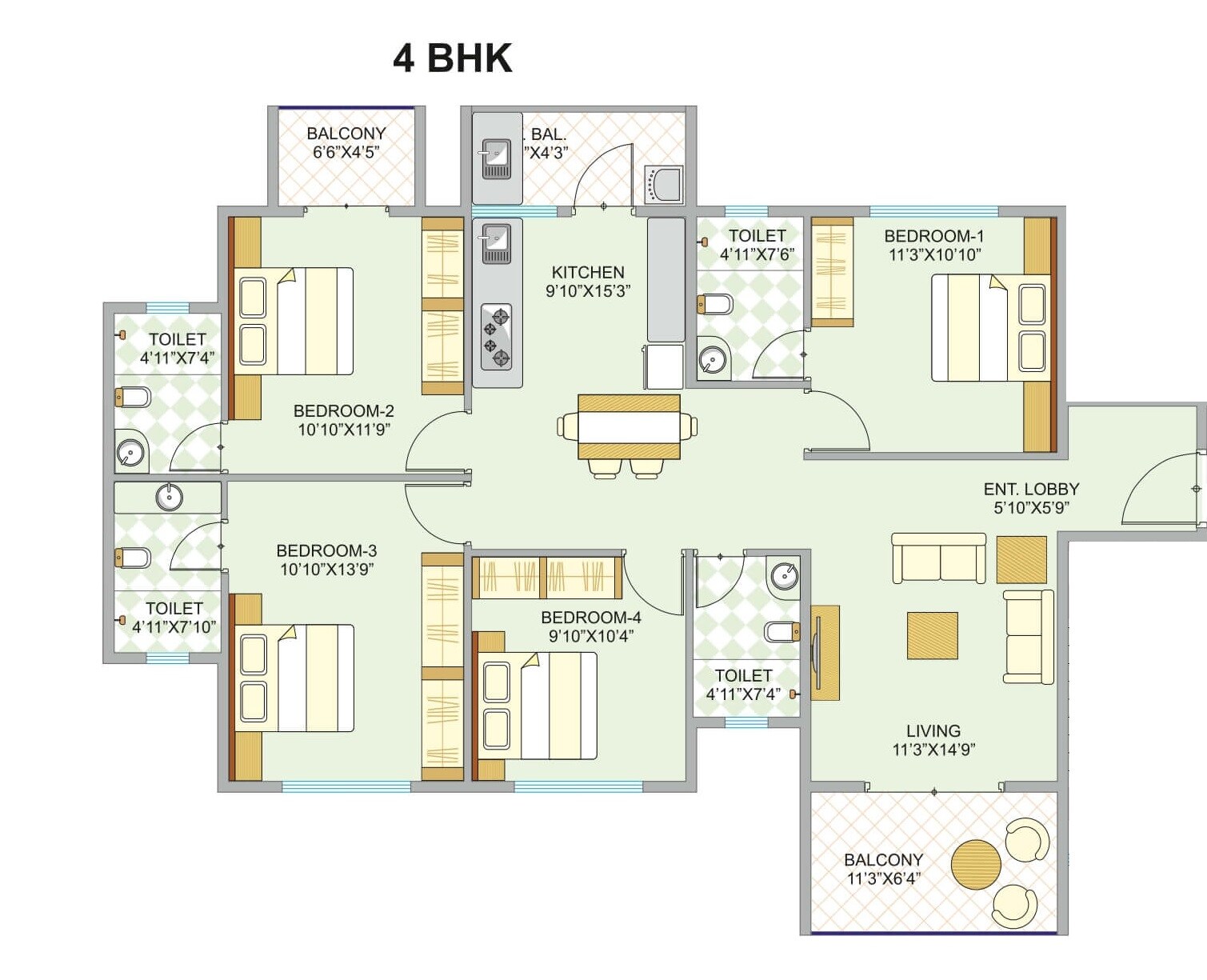 Floor plan of 4 BHK 1232 Sq. Ft. Apartment in Arun Blue Bird CSL, Pune