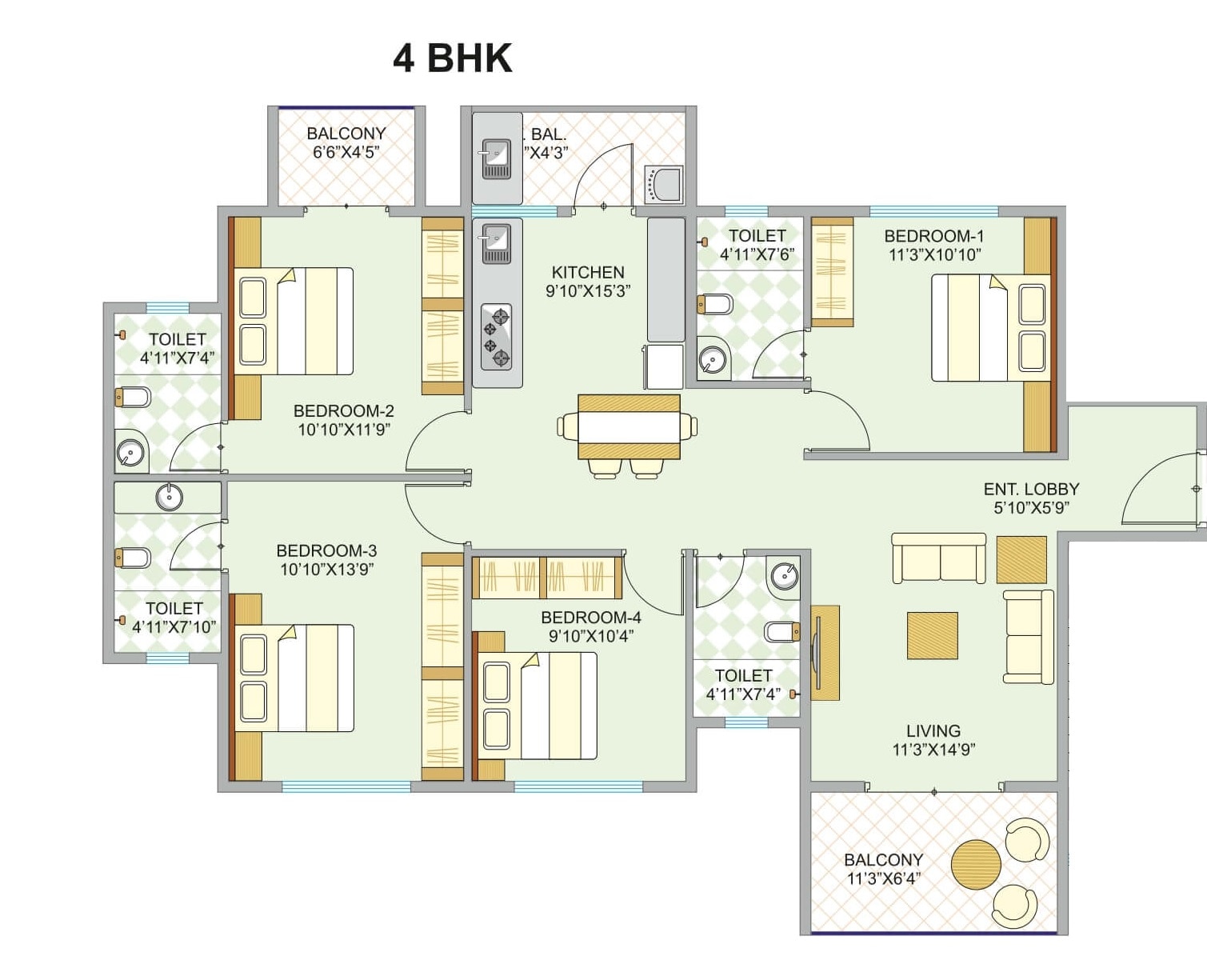 4 BHK 1232 Sq. Ft. Apartment