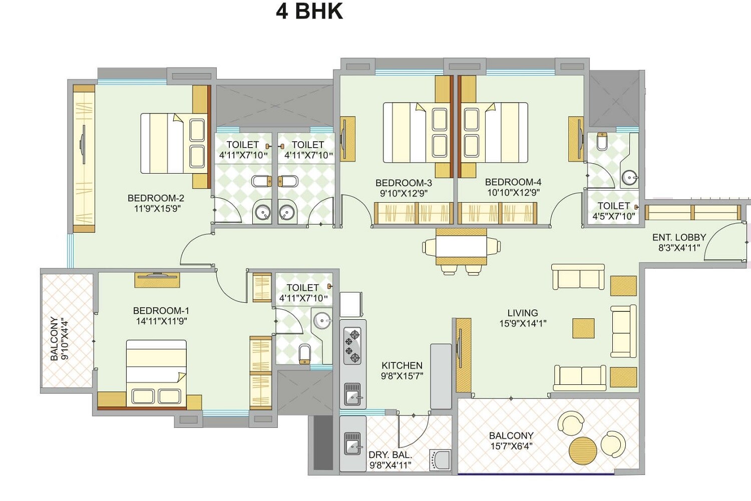 Floor plan of 4 BHK 1479 Sq. Ft. Apartment in Arun Blue Bird CSL, Pune