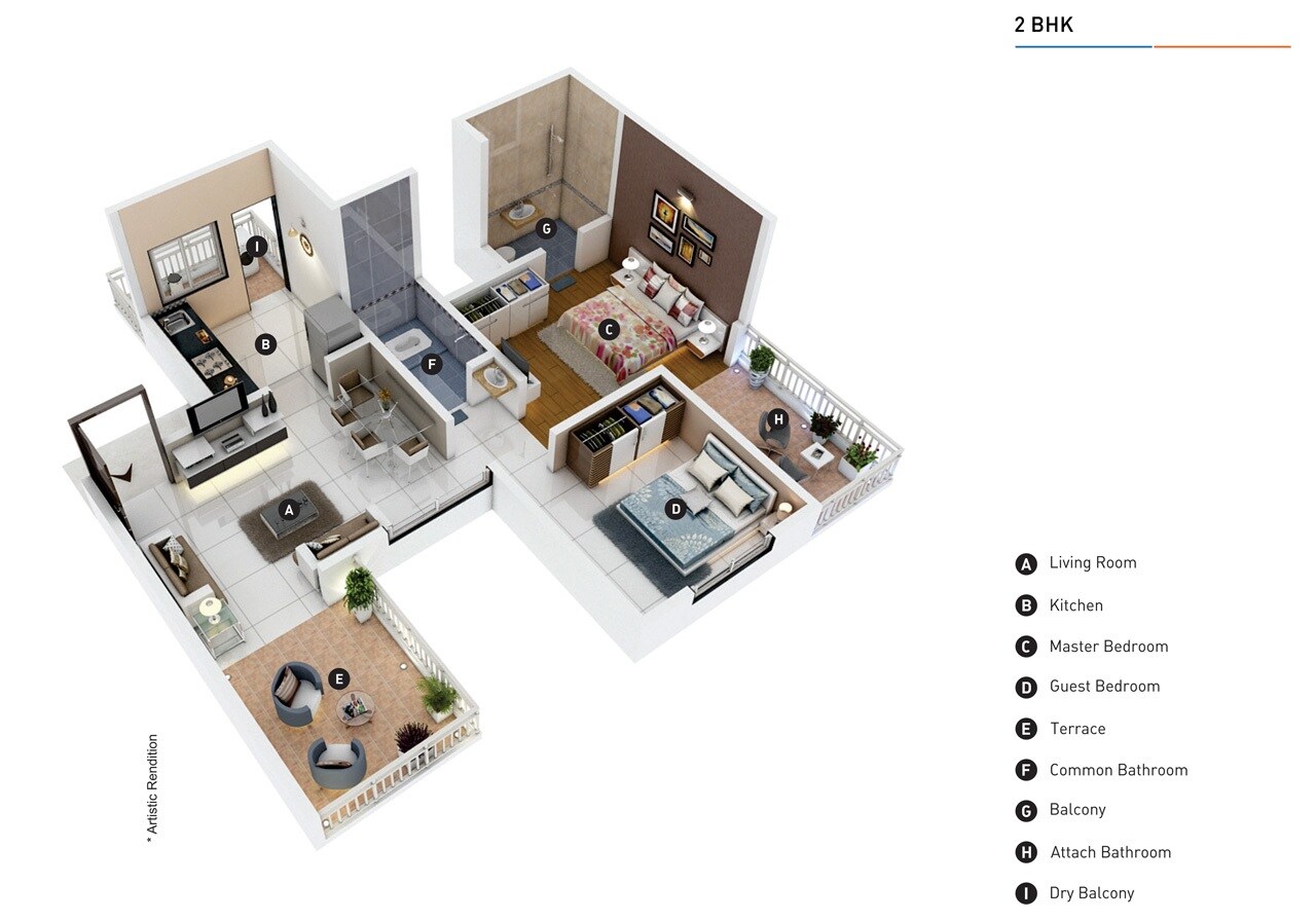 Floor plan of 2 BHK 440 Sq. Ft. Apartment in Arunya CHS, Pune