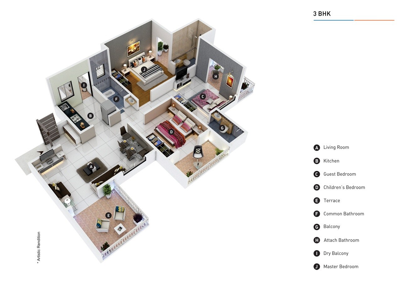 Floor plan of 3 BHK 763 Sq. Ft. Apartment in Arunya CHS, Pune