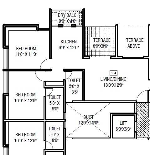Floor plan of 3 BHK 1494 Sq. Ft. Apartment in ARV Imperia, Pune