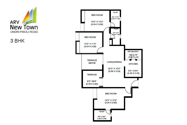 Floor plan of 3 BHK 743 Sq. Ft. Apartment in ARV New Town, Pune
