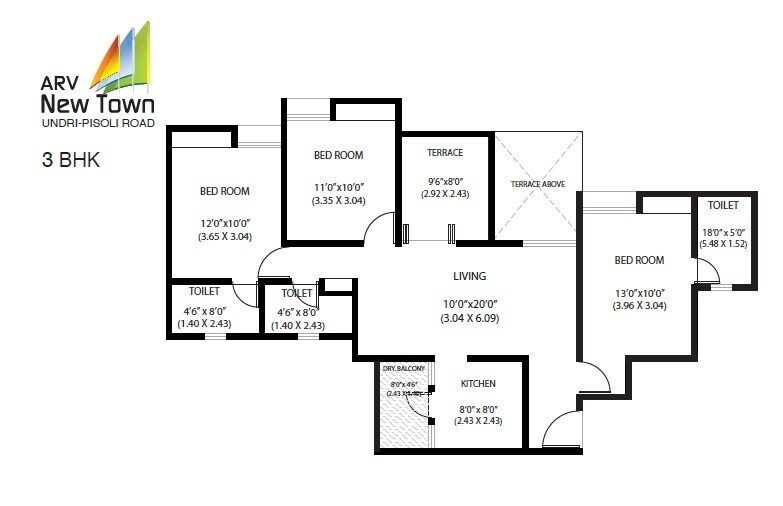Floor plan of 3 BHK 842 Sq. Ft. Apartment in ARV New Town, Pune