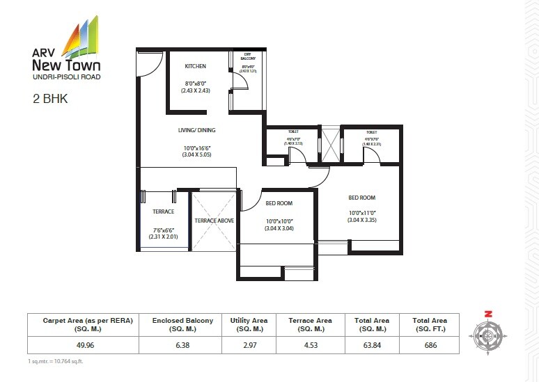 Floor plan of 2 BHK 538 Sq. Ft. Apartment in ARV Newtown, Pune