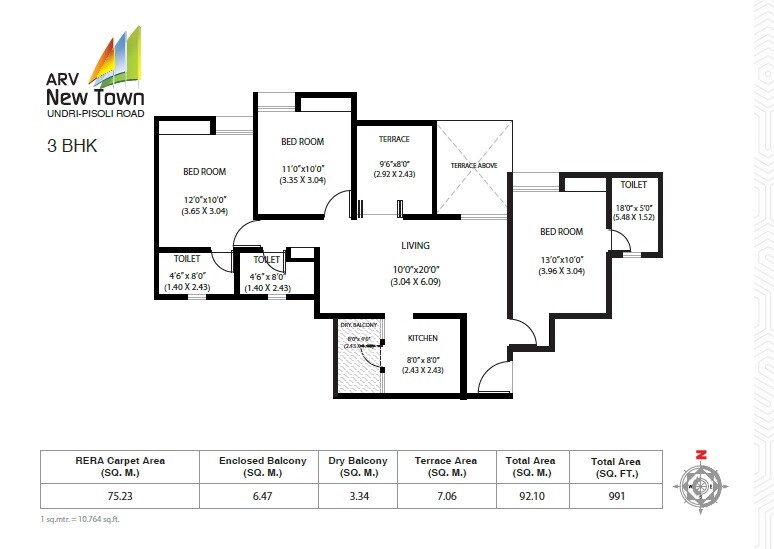 Floor plan of 3 BHK 810 Sq. Ft. Apartment in ARV Newtown, Pune