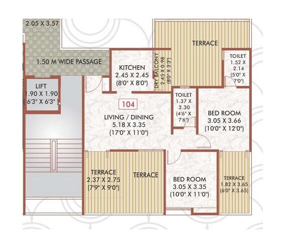 Floor plan of 2 BHK 893 Sq. Ft. Apartment in ARV Regalia, Pune