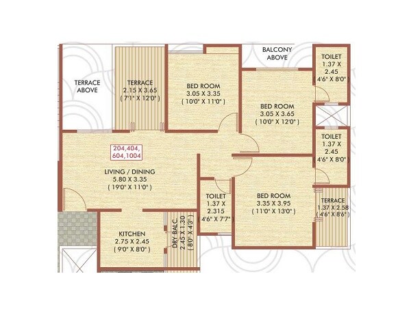 Floor plan of 3 BHK 993 Sq. Ft. Apartment in ARV Regalia, Pune